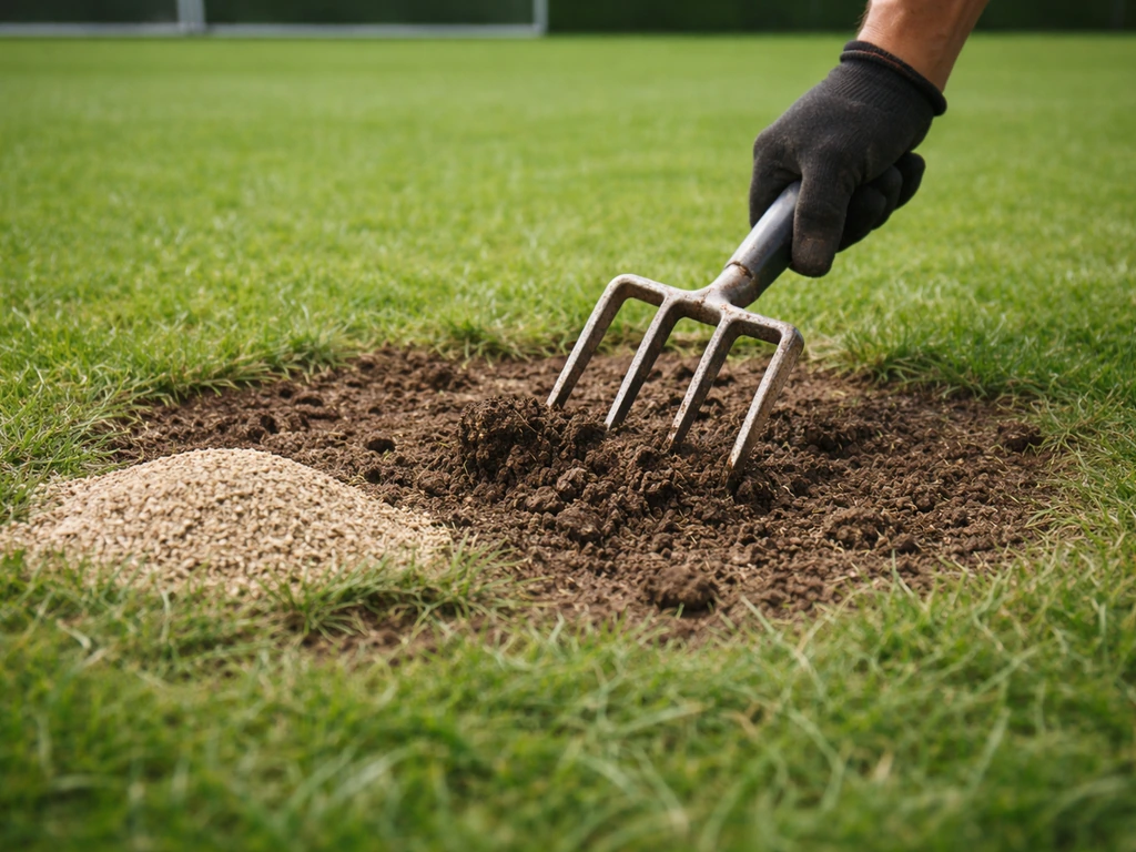 Handvork maakt kale voetbalveld-bodem los rond een kale plek; klaar om te doorzaaien en in te werken.