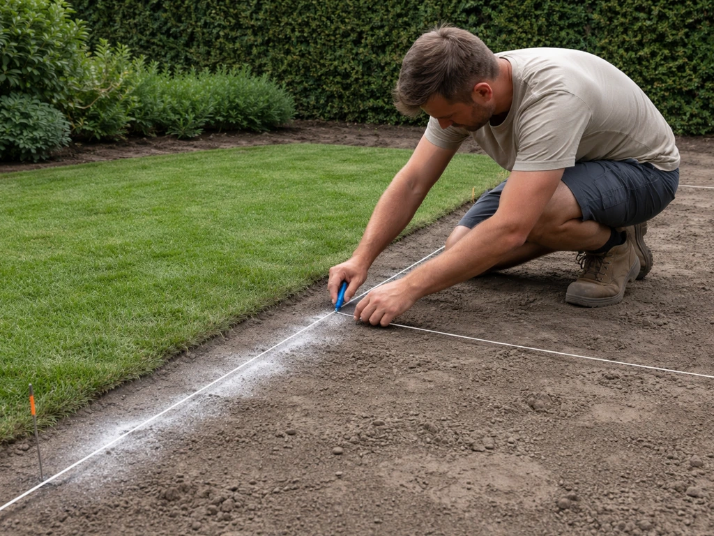 Persoon die met touw en kalk de rand van een toekomstig grasveld in de tuin aftekent op de grond