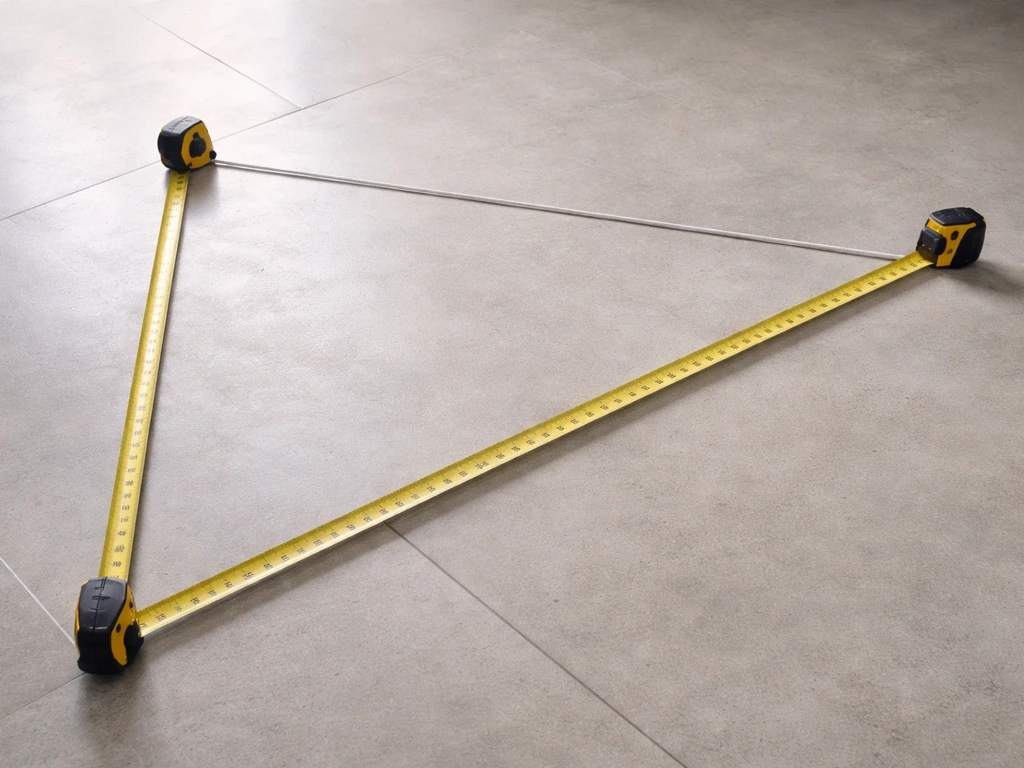 Meetlinten die 3 m en 4 m vanaf een hoekpunt uitzetten voor de 3-4-5-methode, met diagonale lijn.