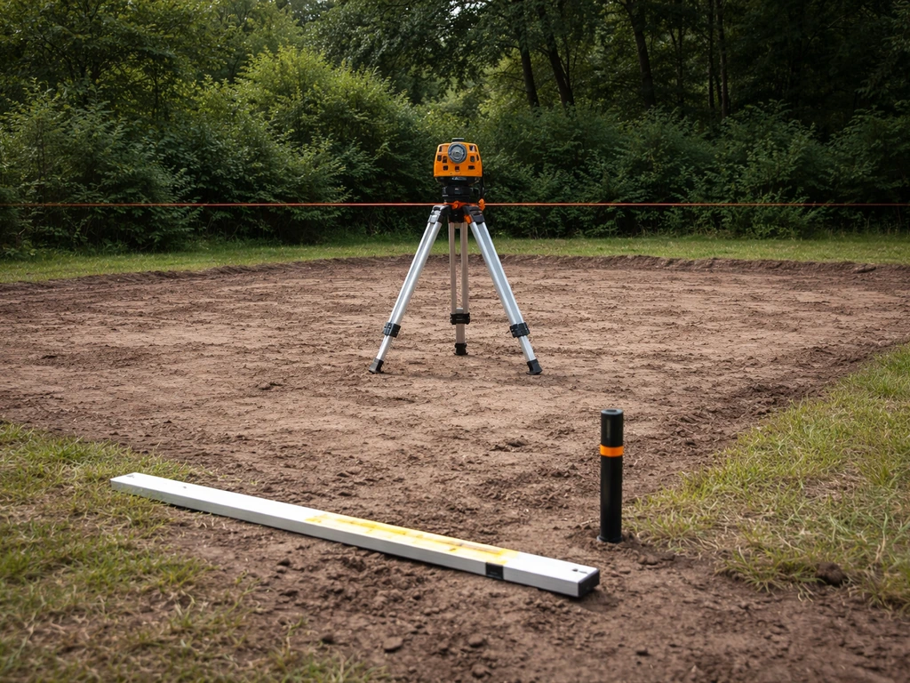 Rotatielaser op statief die een afschotlijn markeert, met meetlat/peilpunt op de grond in een tuin