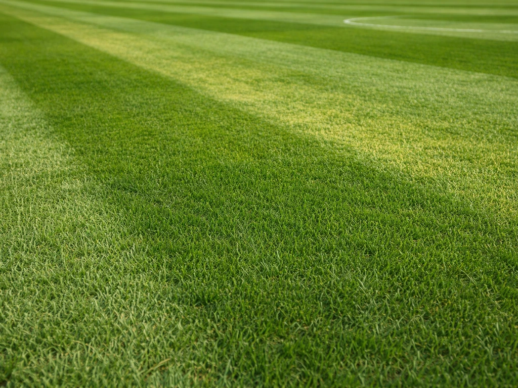 Close-up van een grasvoetbalveld met licht/donker en geelgroene patroonbanen, met veldmarkering voor schaal.