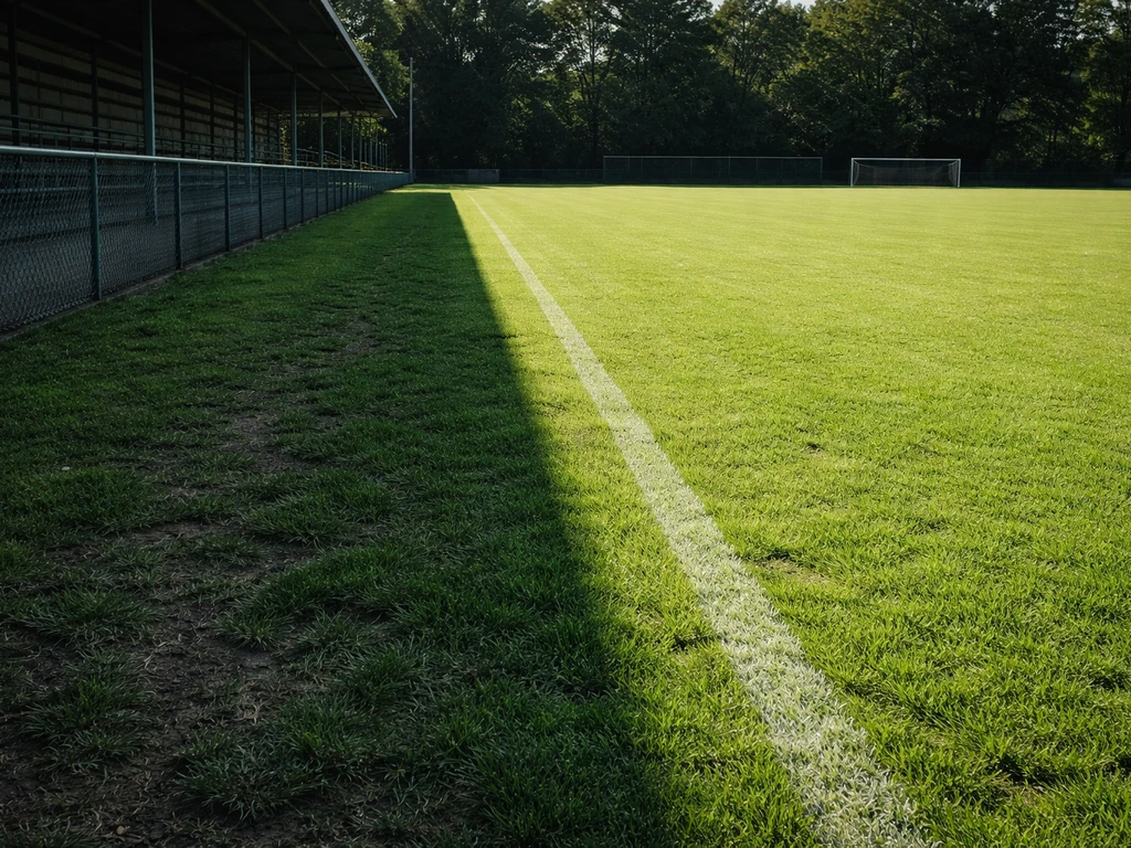 Voetbalveld met duidelijke schaduwzone langs tribune/hekwerk; gras is donkerder en dunner dan in de zon.