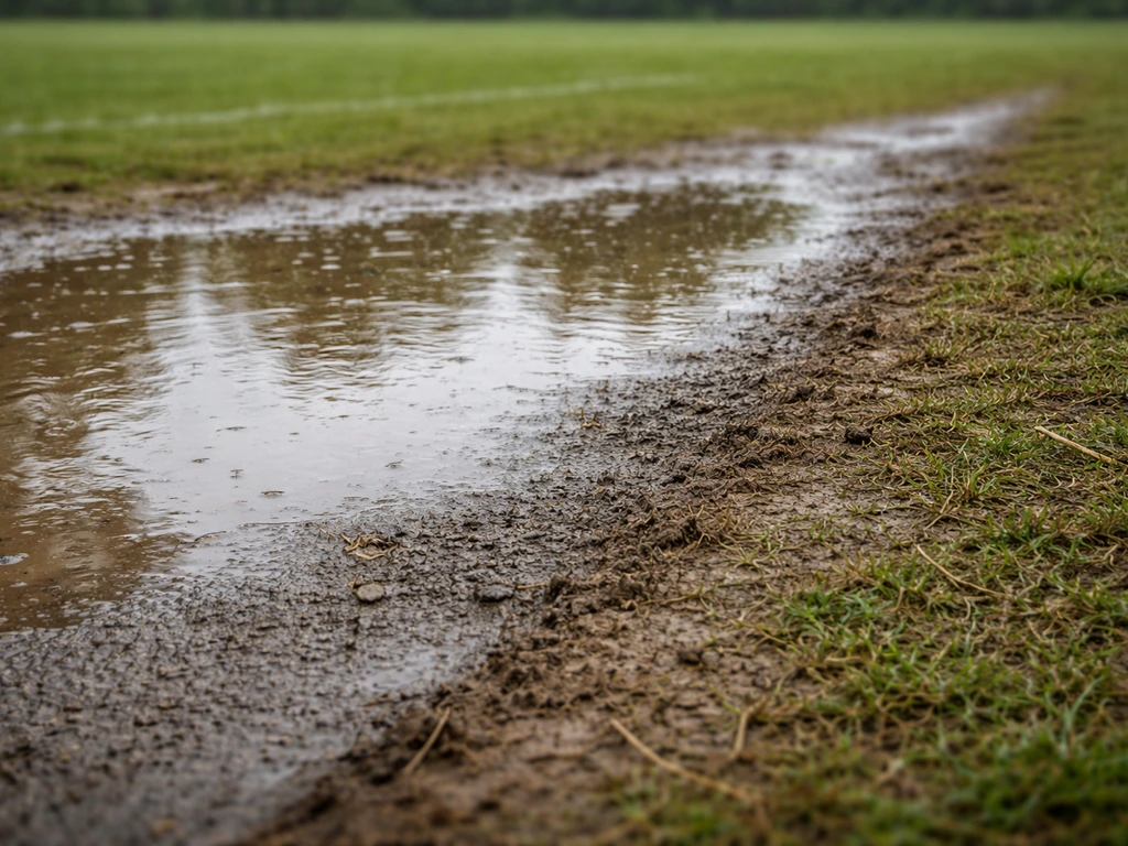 Detail van natte plassen en een glanzende, verdichte strook langs een kaal randje bij een sportveld na regen.