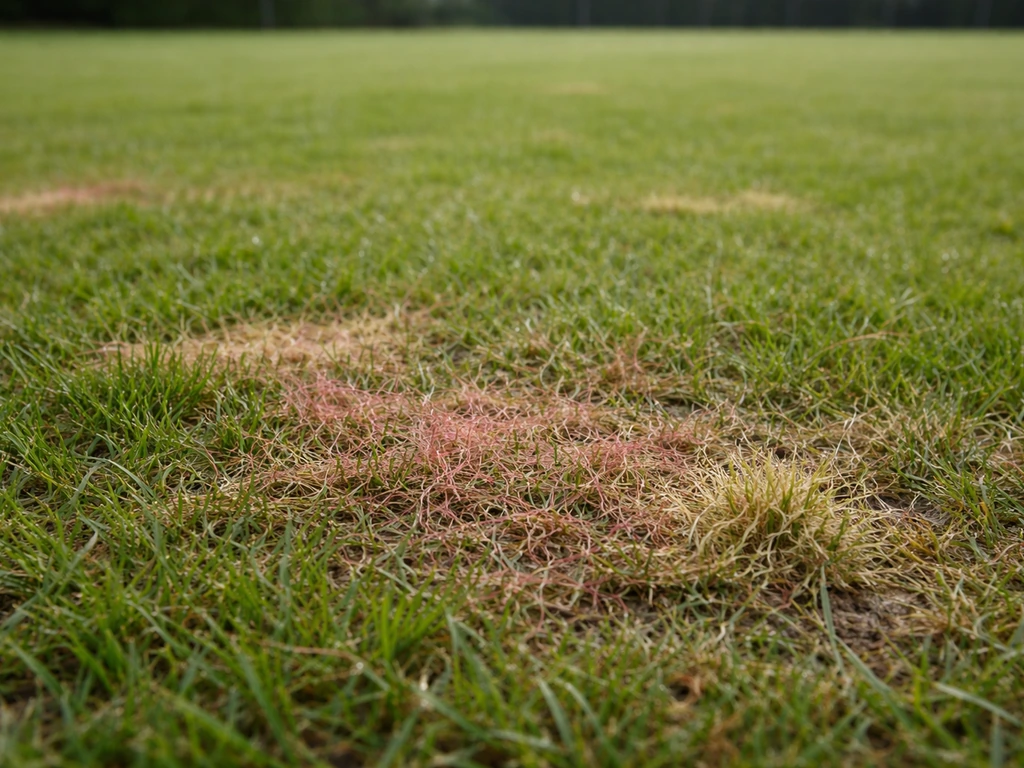 Sportveldgras met zichtbare roze-roodachtige schimmelraden en plaatselijke schimmelplekken in perspectief.