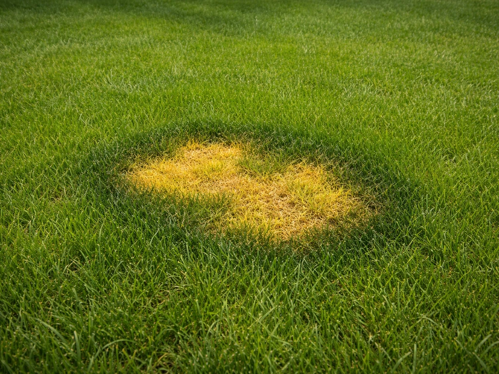 Felgele urineschadeplek met donkergroene rand naast gezond gras in een tuin, scherp zichtbaar begrenzing