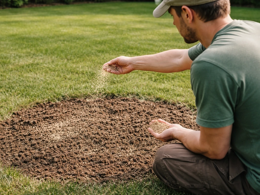 Tuinman zaait gras bij een kaal plekje in het grasveld, met luchtige bodem en zichtbare grasherstelactie.