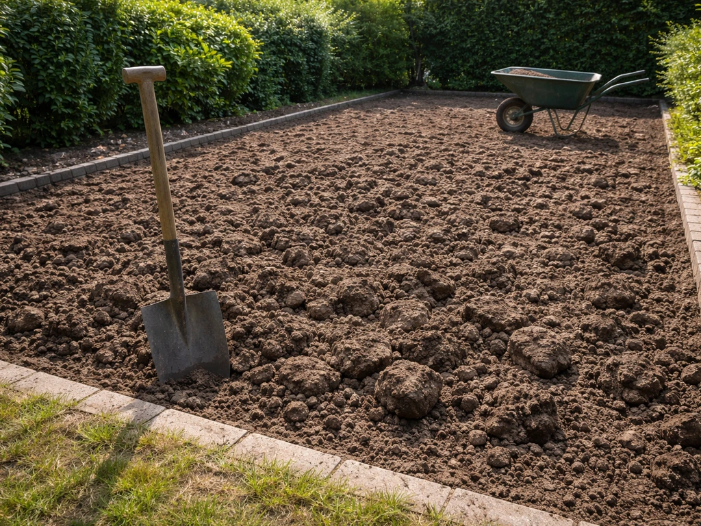 Tuinperceel met omgewerkte grond voor het aanleggen van gras, spade en kruiwagen in beeld.