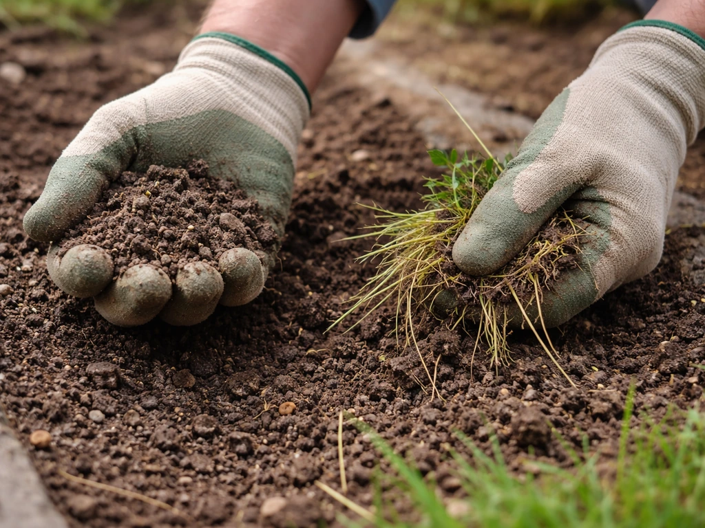 Hand in aardgrond die onkruidresten verwijdert en bodemstructuur beoordeelt in een tuinbed