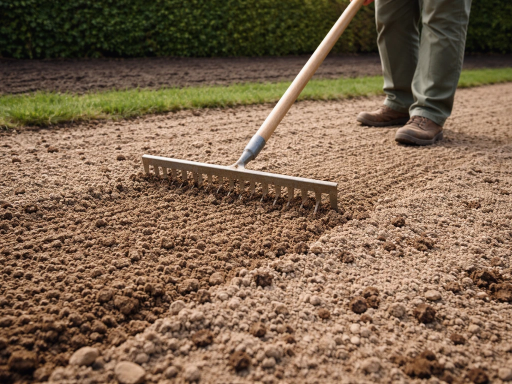 Tuinman harkt een vlakke, kruimelige toplaag in de aarde met zichtbaar ingewerkte compost na het omspitten.