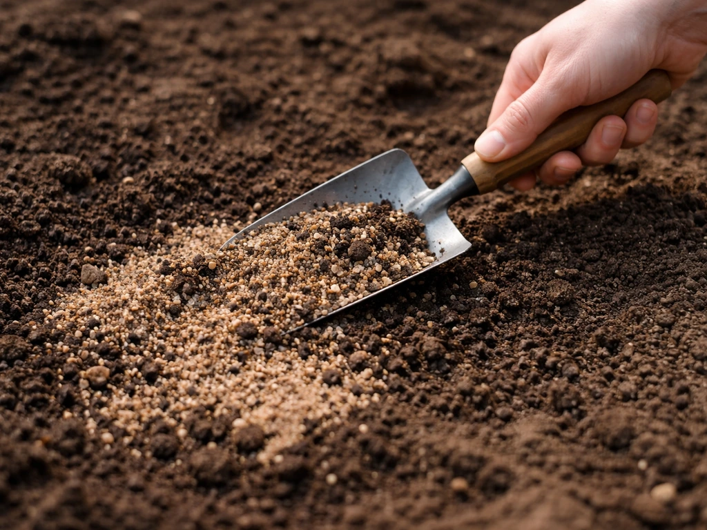 Hand in een mengsel van grof zand en compost dat wordt ingewerkt in donkere kleigrond voor drainage
