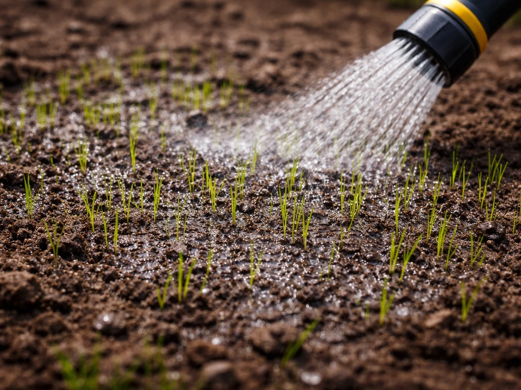 Graszaden die net kiemen, met een sproeier die gelijkmatig de bovenlaag vochtig maakt