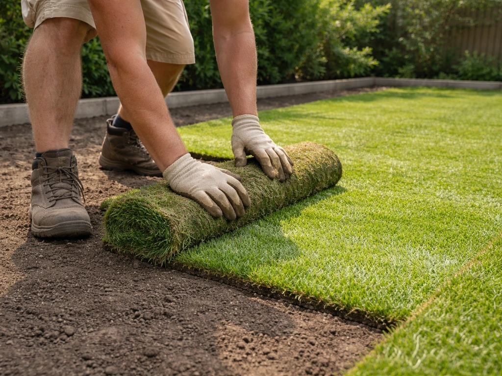 Iemand rolt warm weer graszoden uit op een tuinpad, met aarde direct onder de zoden voor snelle opname.