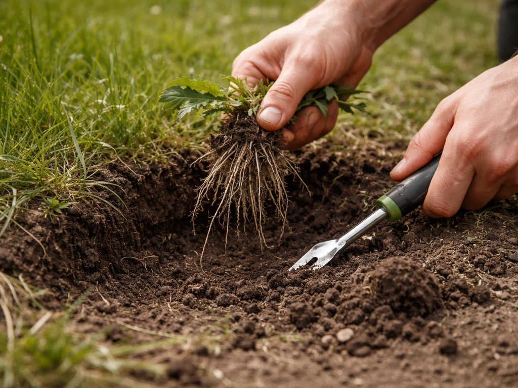Handmatig onkruid wieden: zichtbare wortels uit de grond met een onkruidstekker bij een gazonrand.