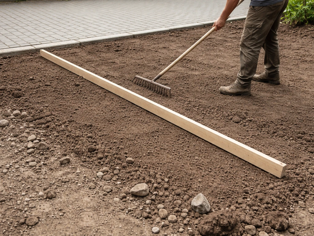 Een tuinier egaliseert grond met hark en lange rei naast straatwerk voor een vlakke ondergrond.