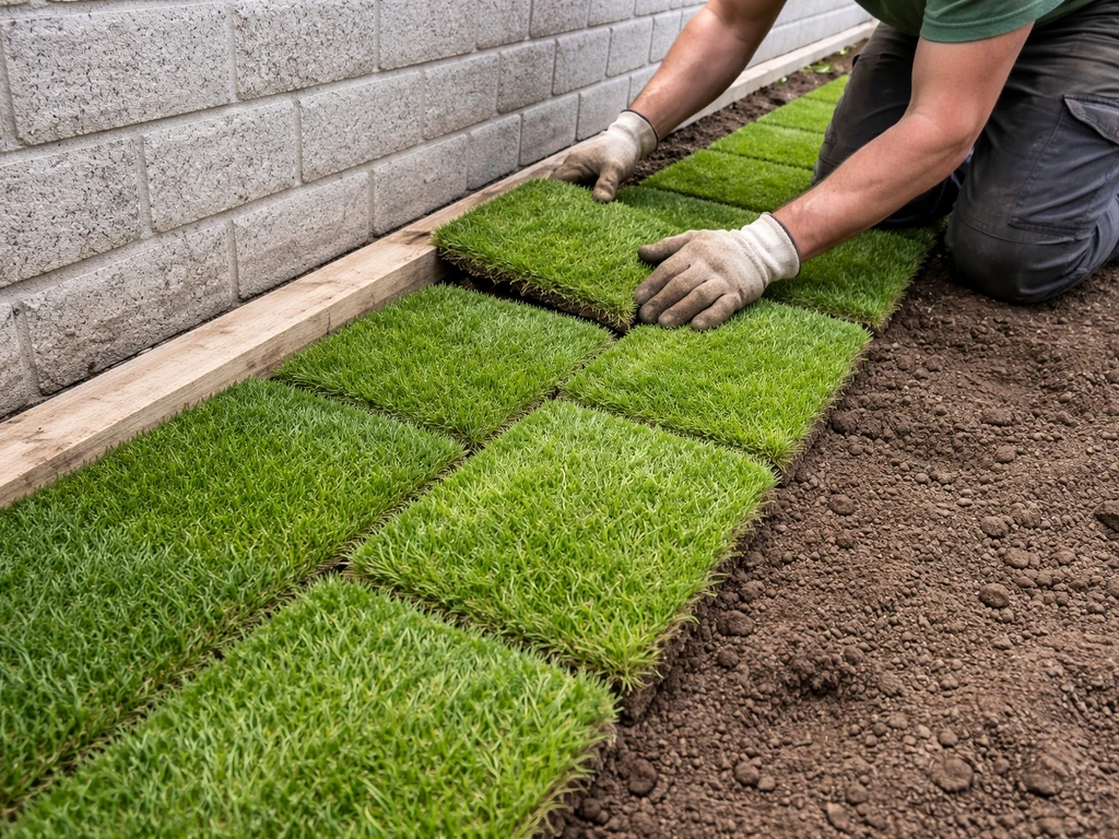 Werkende handen die graszoden in halfsteensverband leggen langs een rechte tuinmuur, met strakke naden.