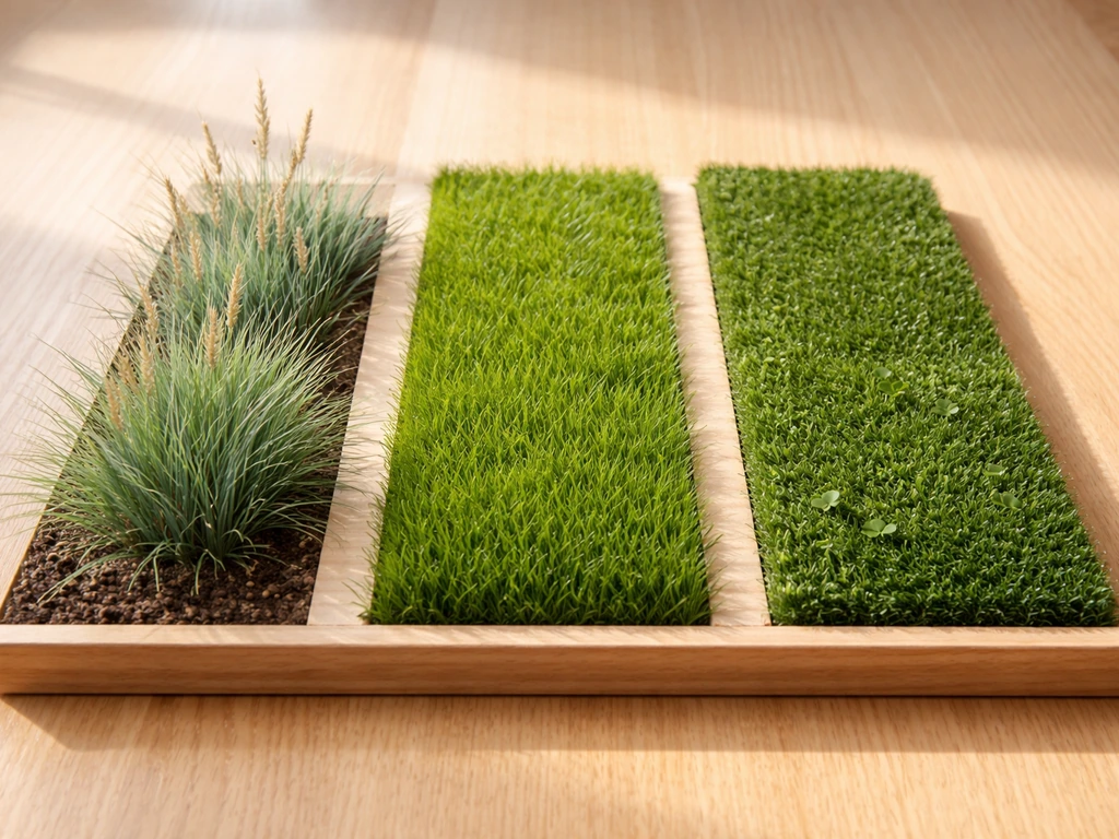 Minimalistische verdeling van drie soorten ‘decoratie gras’ in één scène: beplanting, gazon, en kunstgras/klaver.