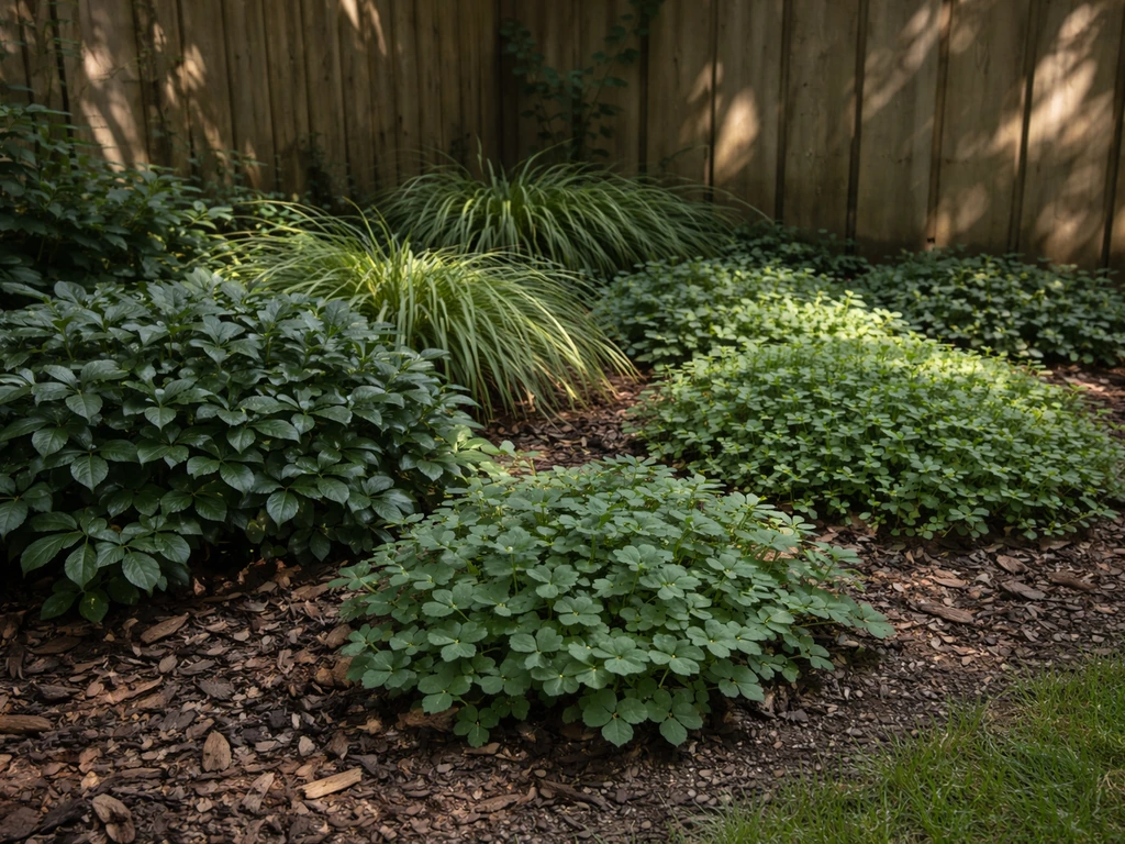 Schaduwrijke hoek van de tuin met bodembedekkers en siergras als alternatief voor vol zon-gazon