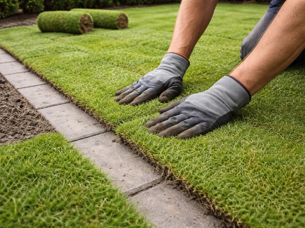 Tuinwerker legt graszoden netjes in halfsteensverband langs een rechte rand, met zicht op de voegen