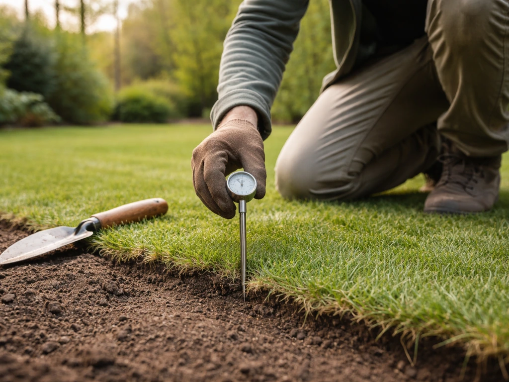 Anonieme tuinier steekt een thermometer in de bodem naast verse graszoden in een rustige tuin.