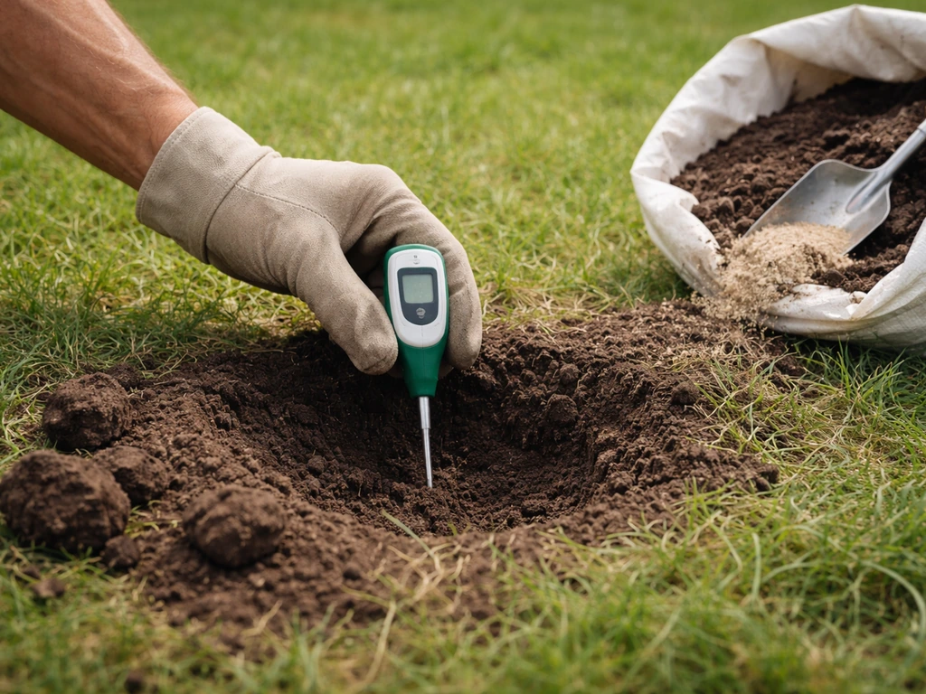 Tuinierstest van de bodem pH met een pH-meter of teststrook, met compost/zand op de grond.