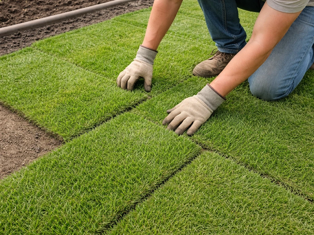 Twee personen leggen graszoden strak op een geëgaliseerde ondergrond, naden verspringend