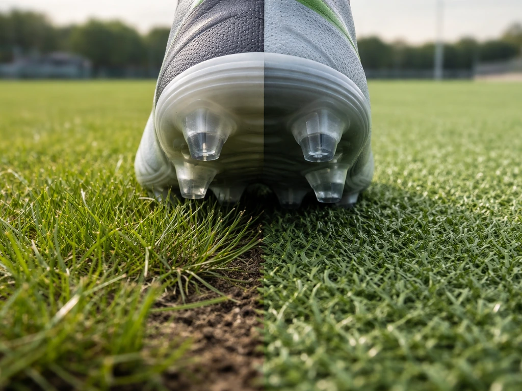 Onderkant van voetbalschoen op echt gras versus kunstgras, met zichtbare veerkracht en structuur.