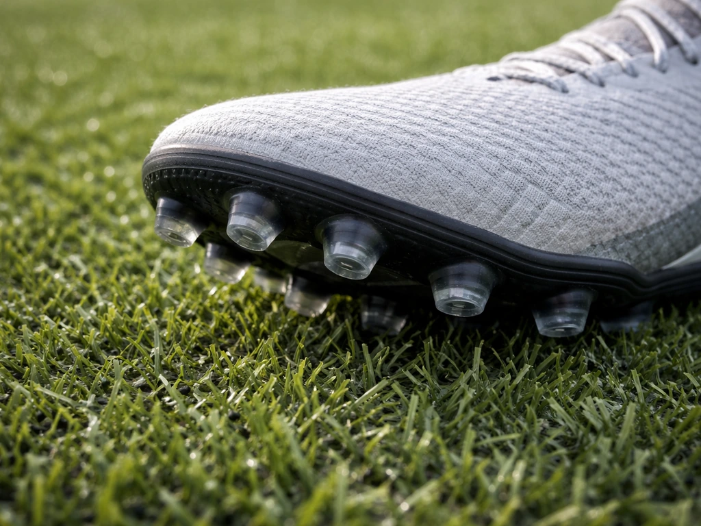 Close-up van een AG-voetbalschoen met korte conische noppen op kunstgras, scherp op de grip en contact