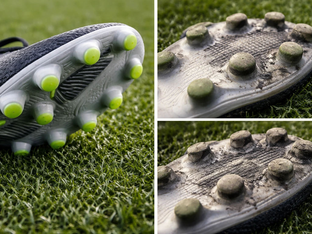 Voetbalschoen op kunstgras met zichtbare noppen voor grip, naast detail van slijtagepatroon