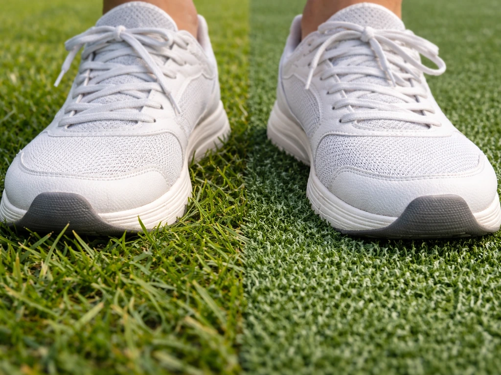 Voeten op echt gras en kunstgras naast elkaar, met zichtbaar verschil in structuur en grip.