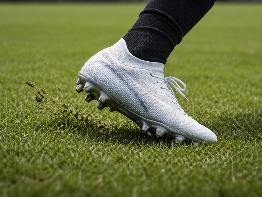 Voetbalvoetbalschoen met zichtbare profiel-grip op droog, gemaaid gras tijdens korte afzet