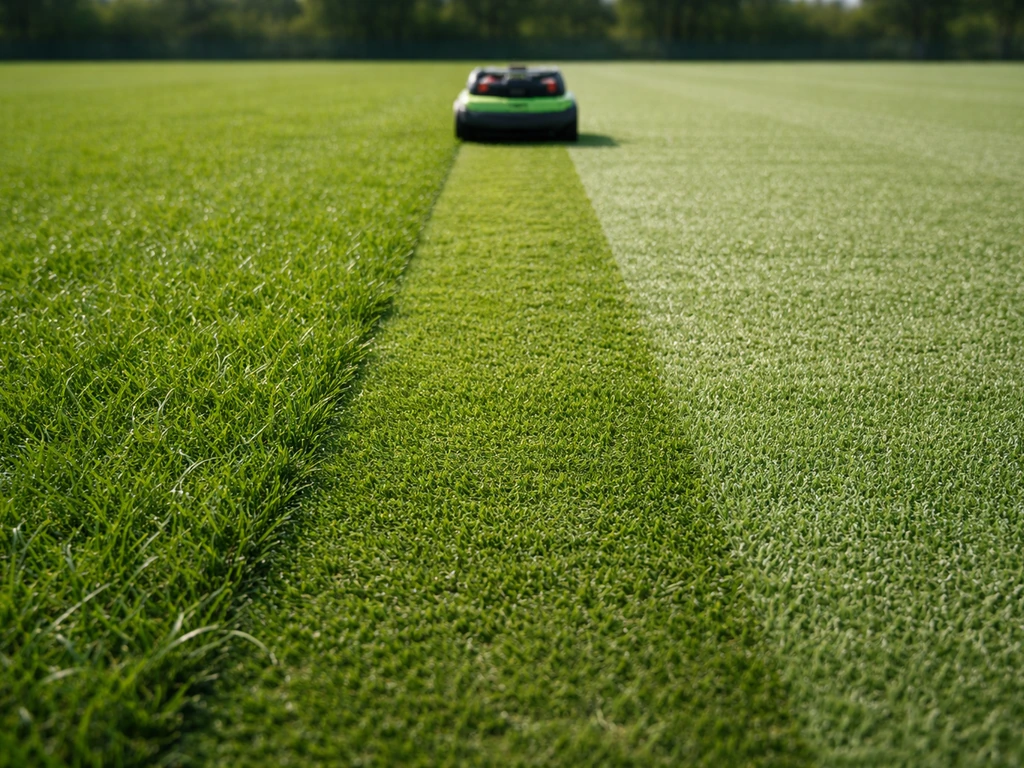 Voetbalveld met kort gemaaid gras rond een maaipad, sterke ‘voor-na’ indruk op speelklare hoogte.