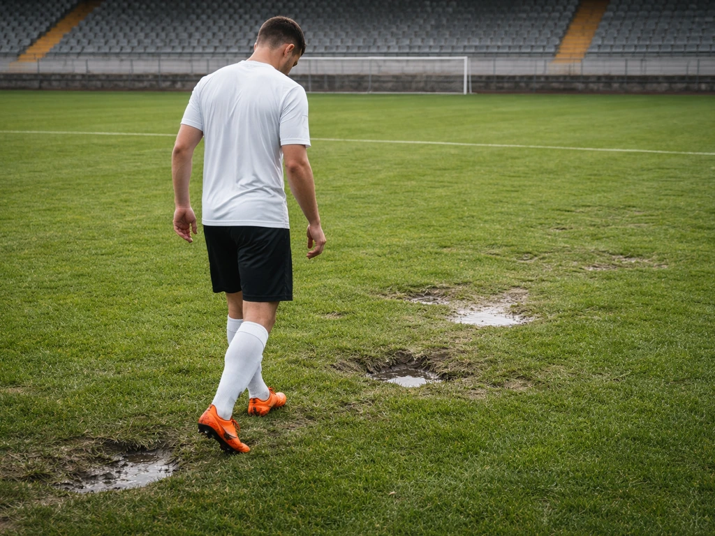 Anonieme voetballer loopt voorzichtig over een licht nat grasveld met zichtbare oneffenheden en kuiltjes.