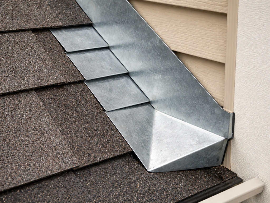 Close-up of correctly installed step flashing and kickout diverter at a roof-to-wall junction.