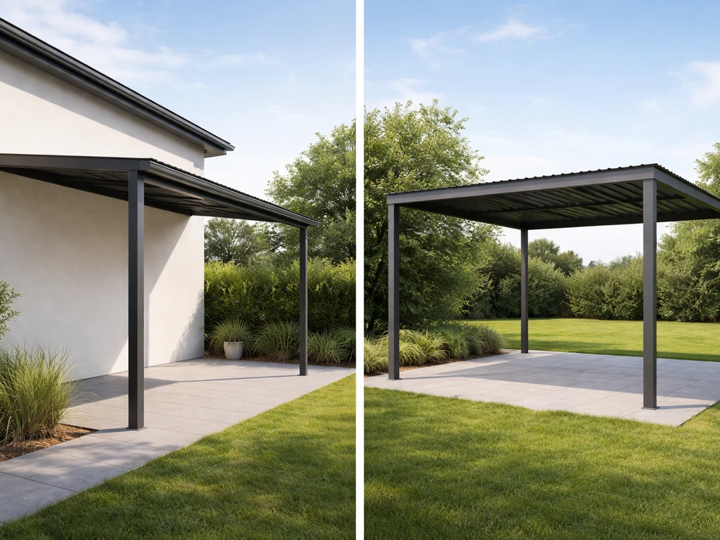 Side-by-side photo of an attached shed-roof metal patio cover vs a freestanding metal patio cover layout.