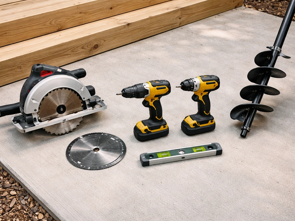 Minimal lineup of circular saw blade, power drill/impact driver, level, and post hole digger outdoors on concrete.
