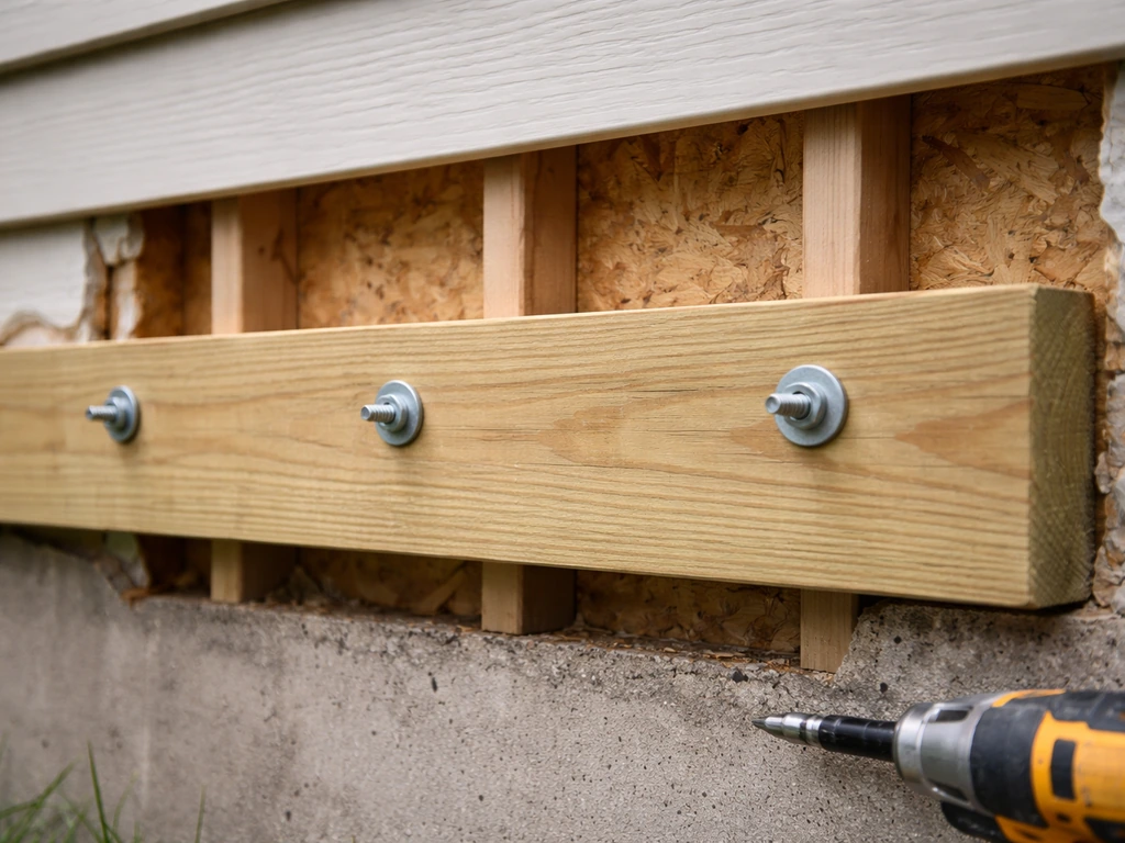 Close-up of a roof ledger board bolted to a house wall with siding cut away for clear fastening