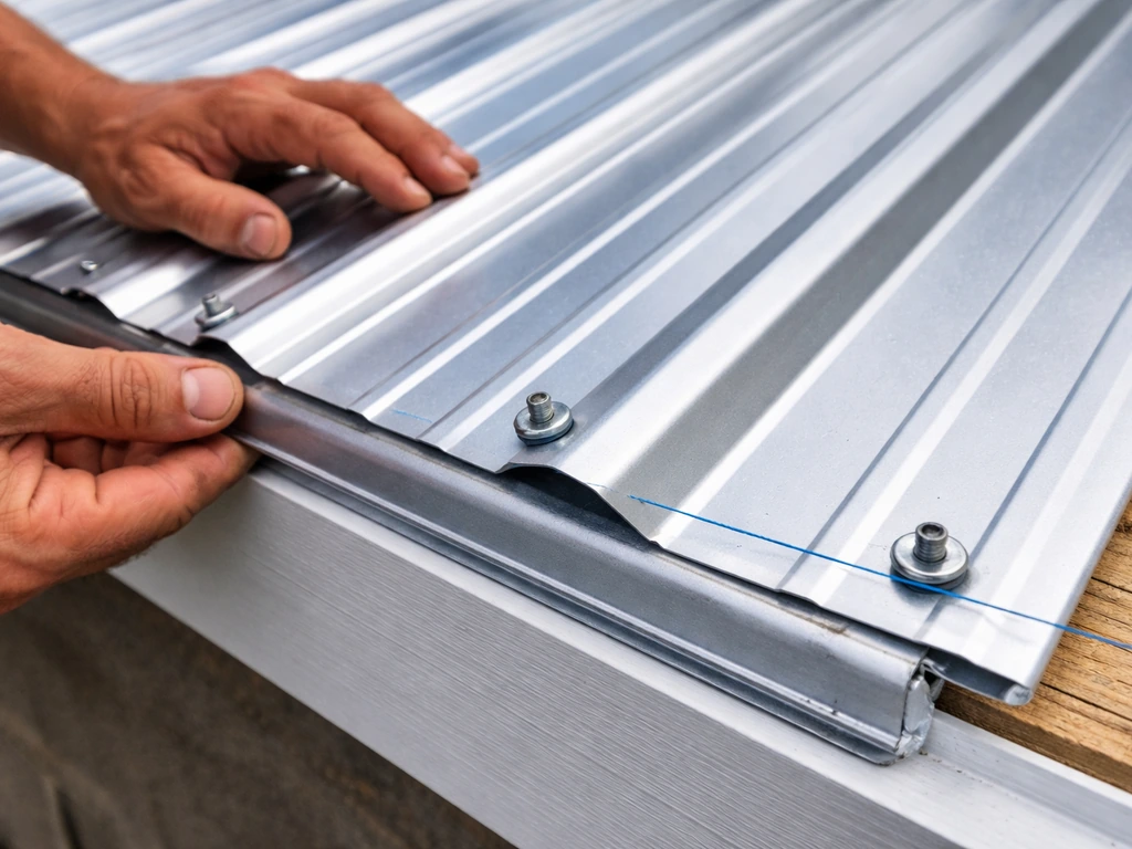 Close-up of metal roofing panel aligned to a chalk line, with screws and sealant beads at an edge.