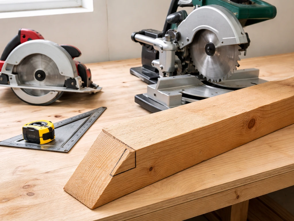 Circular and miter saw cutting rafters, bird’s-mouth notch line visible, tools laid out on a simple work surface.