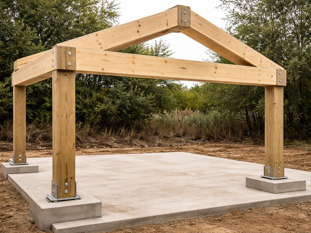 Wooden gable roof posts anchored on concrete footings with beams aligned between them.