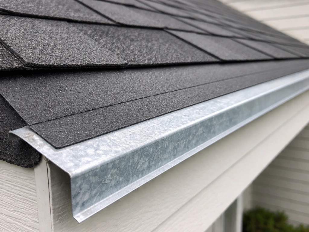 Close-up of correctly layered drip edge metal and roof underlayment at the eave edge transition.