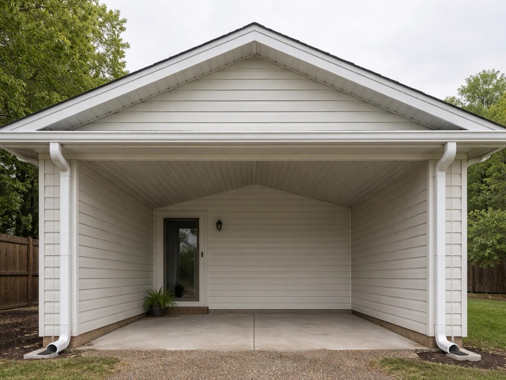 Gable patio roof with gutters along both eaves and downspouts directing water away from the patio
