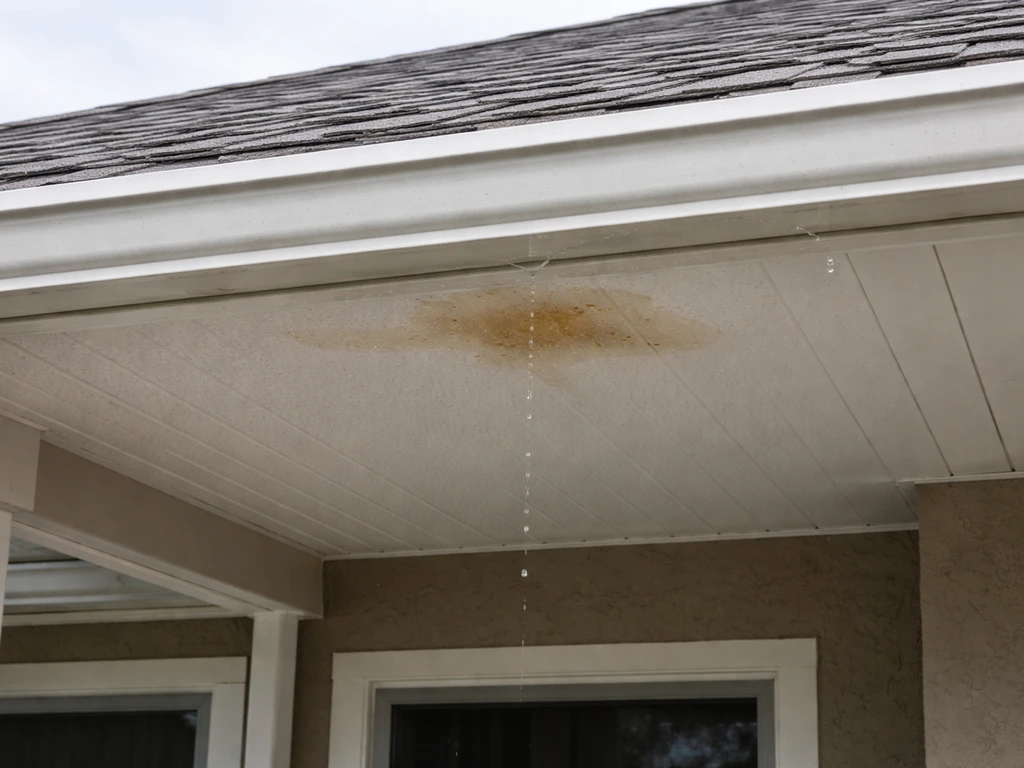 Exterior patio roof with a visible stained leak spot on the ceiling under the eaves.