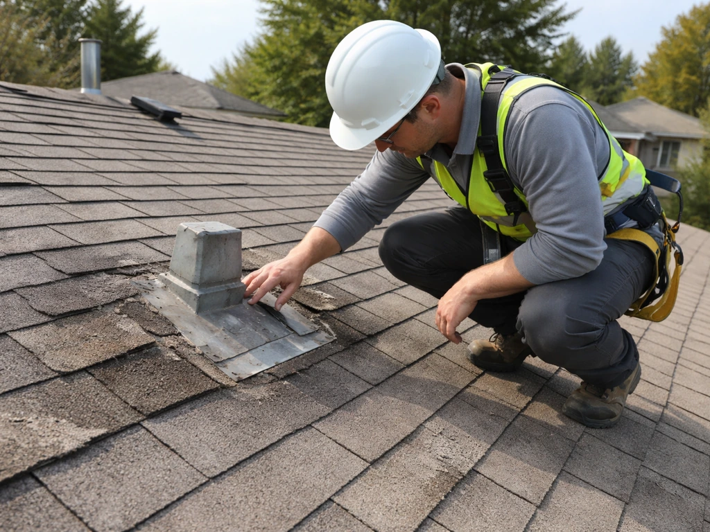 Person in safety gear inspecting a residential roof on a dry day, checking possible leak points