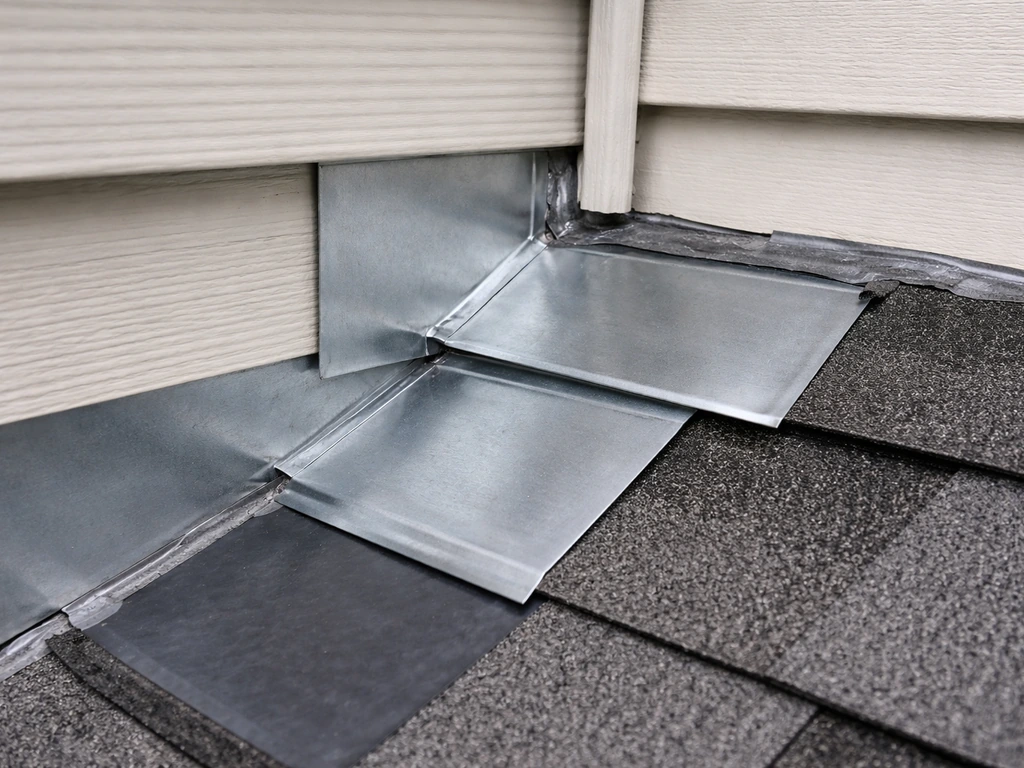 Close-up of layered roof flashing at a patio roof-to-house wall connection, showing waterproof overlap.