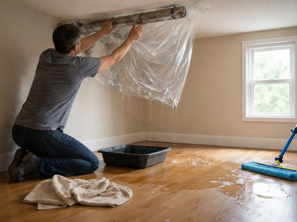 Anonymous person placing a tarp and catch pan under an active ceiling leak, removing pooled water.