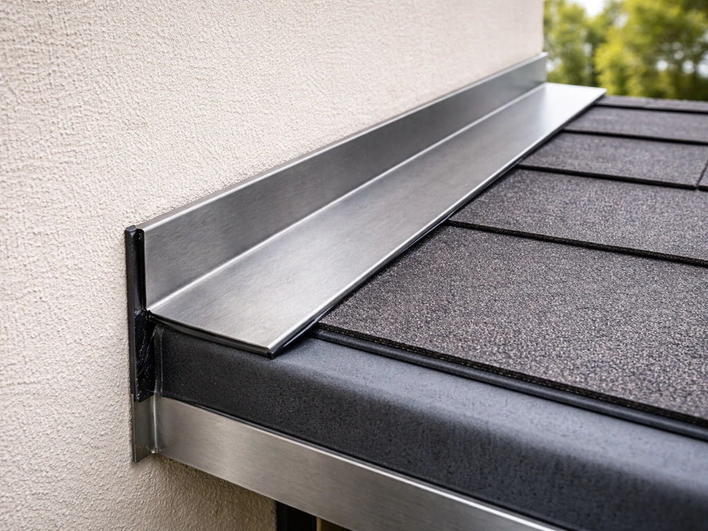 Close-up of roof-to-wall waterproofing layers with correctly installed flashing and sealed seams