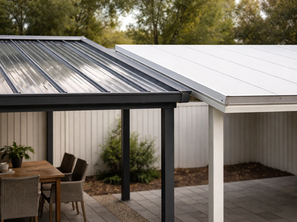 Minimal backyard patio with lean-to shed-style roof beside insulated panel roof, showing material differences.