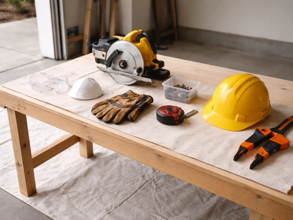 Staged jobsite safety gear and cutting tools on a workbench, with an open helper-ready workspace nearby.