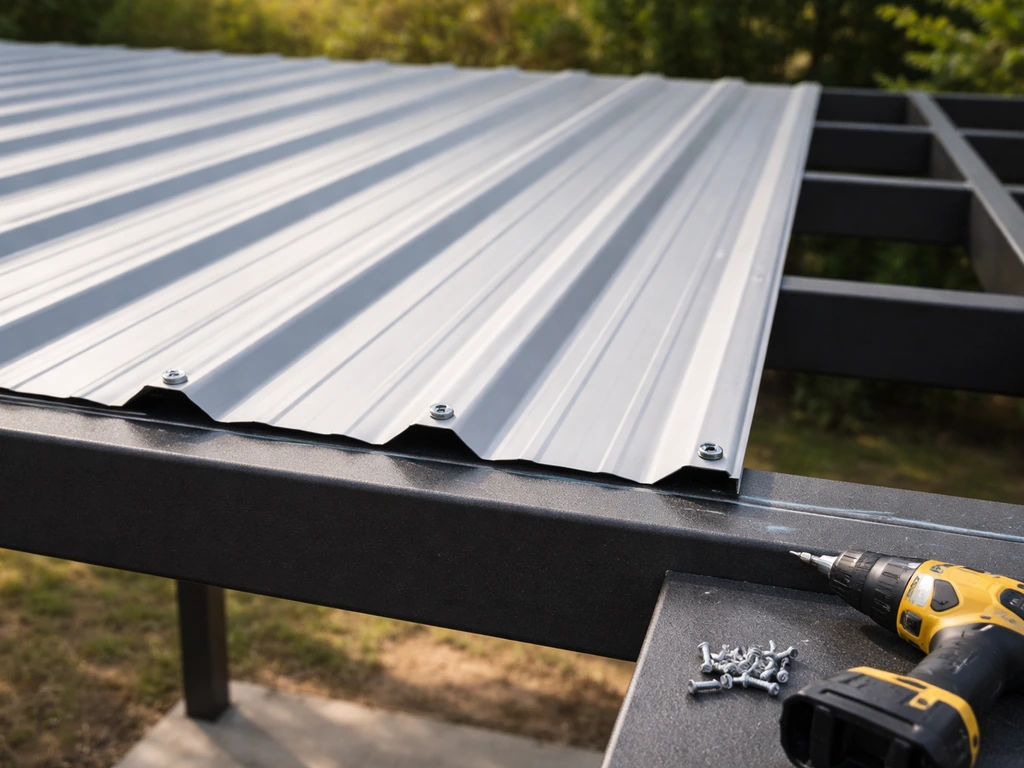 Close-up of a first standard metal patio roof panel aligned to a chalk line and fastened to roof framing