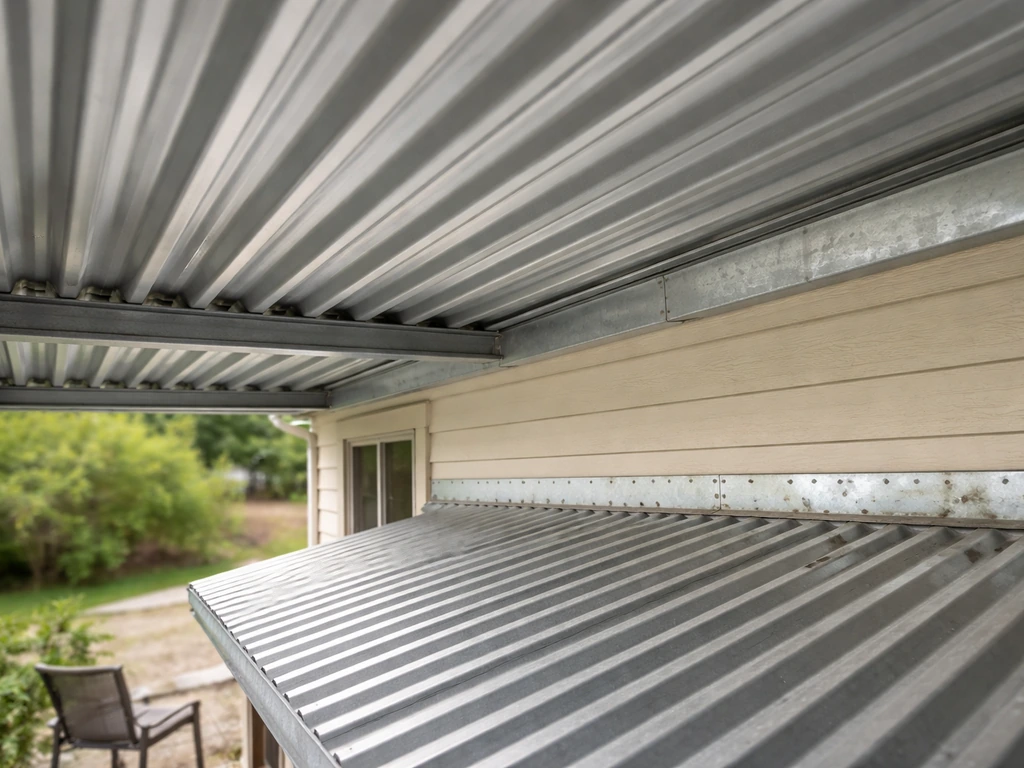 Backyard patio with a corrugated metal roof showing drainage slope, drip edge, and flashing at the house connection
